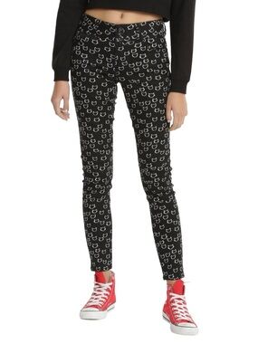 Hot Topic Black Skinny Pants with White Cat Face Print Allover
